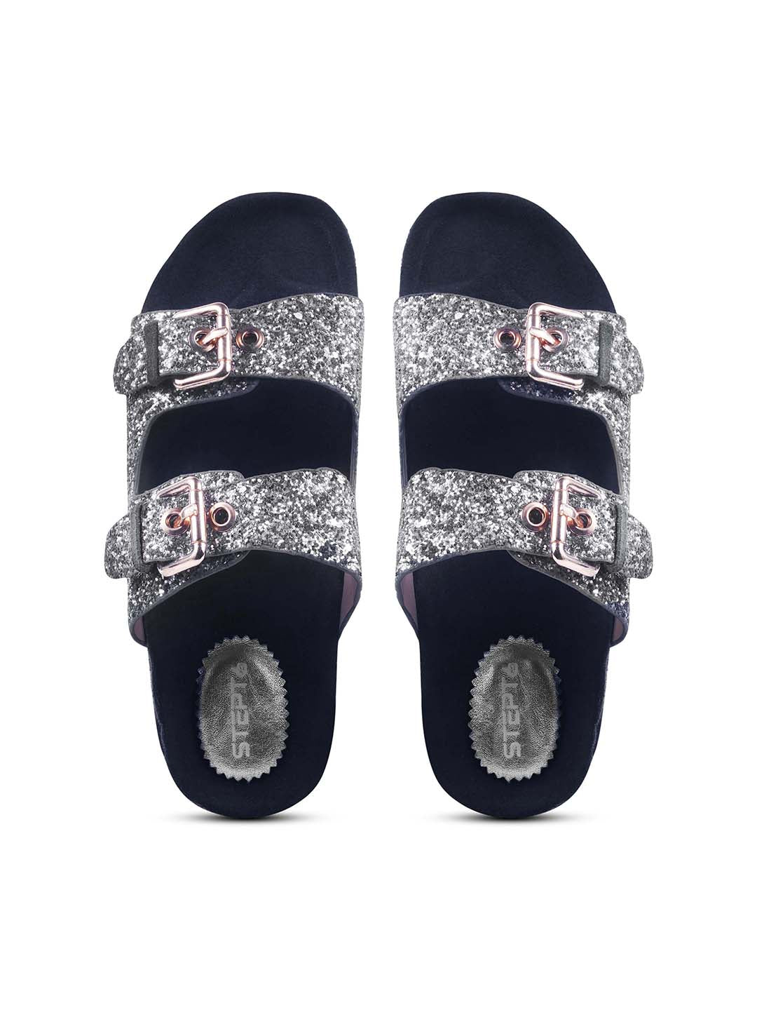 SPARKLE SUEDE COMFORT SLIDES FOR WOMEN - DARK GREY