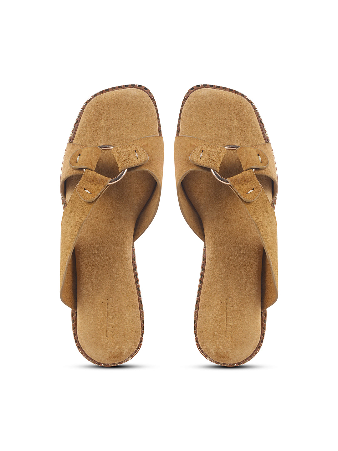 SUEDE SLIP-ON FLATS WITH METAL RING DETAIL - BEIGE