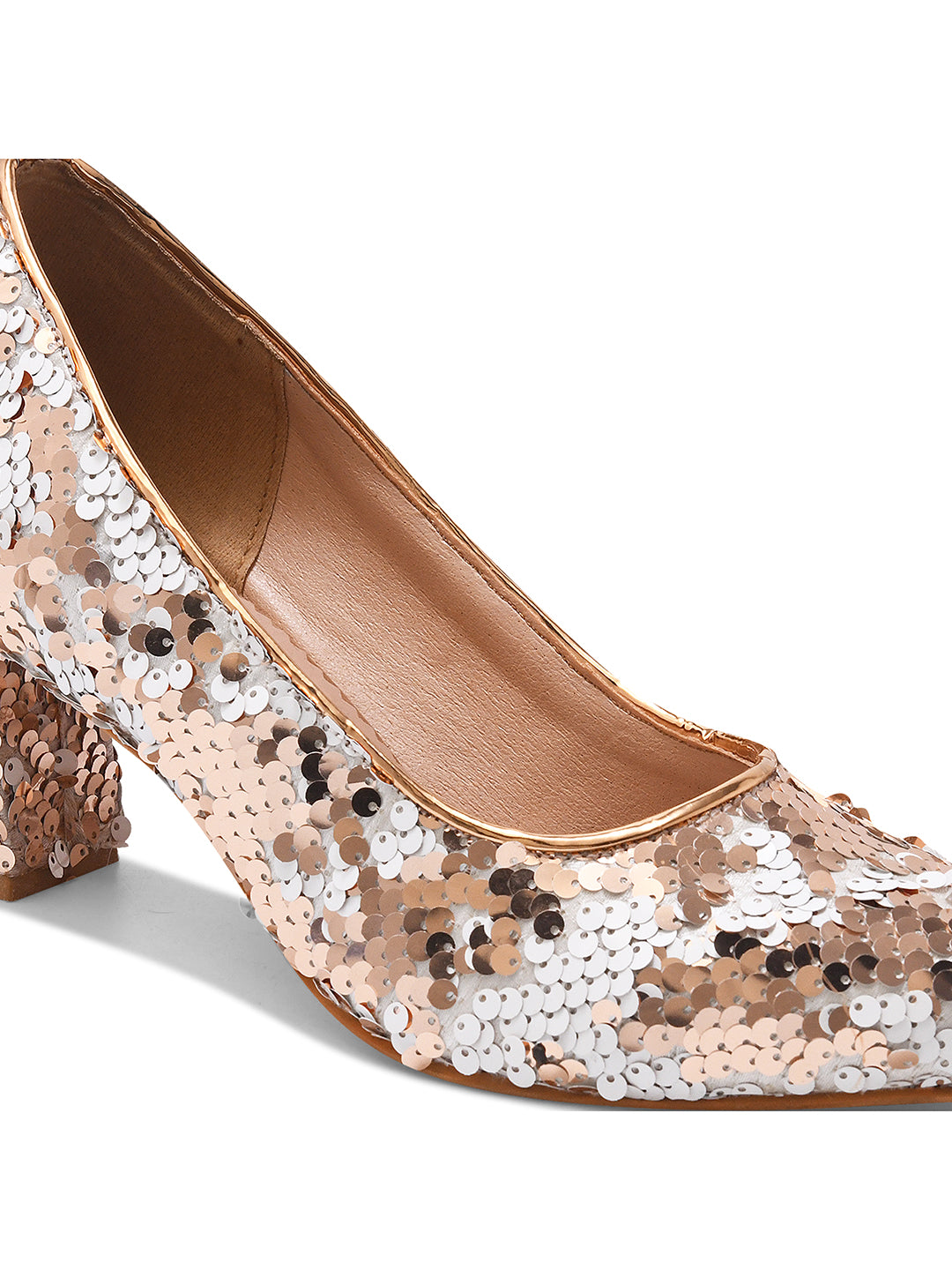 White & Rose Gold Sequin Block Heel Pumps