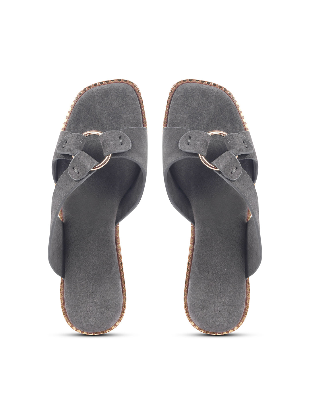 SUEDE SLIP-ON FLATS WITH METAL RING DETAIL - GREY