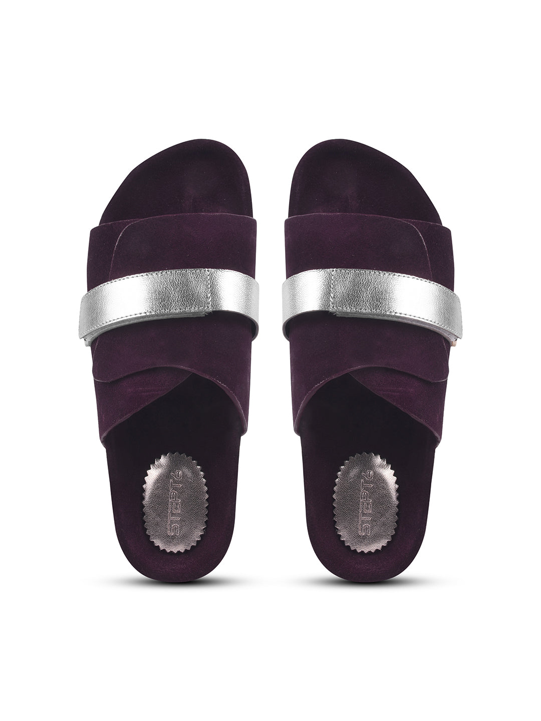 BLACK SUEDE SLIDES WITH FAUX LEATHER STRAP - MAROON