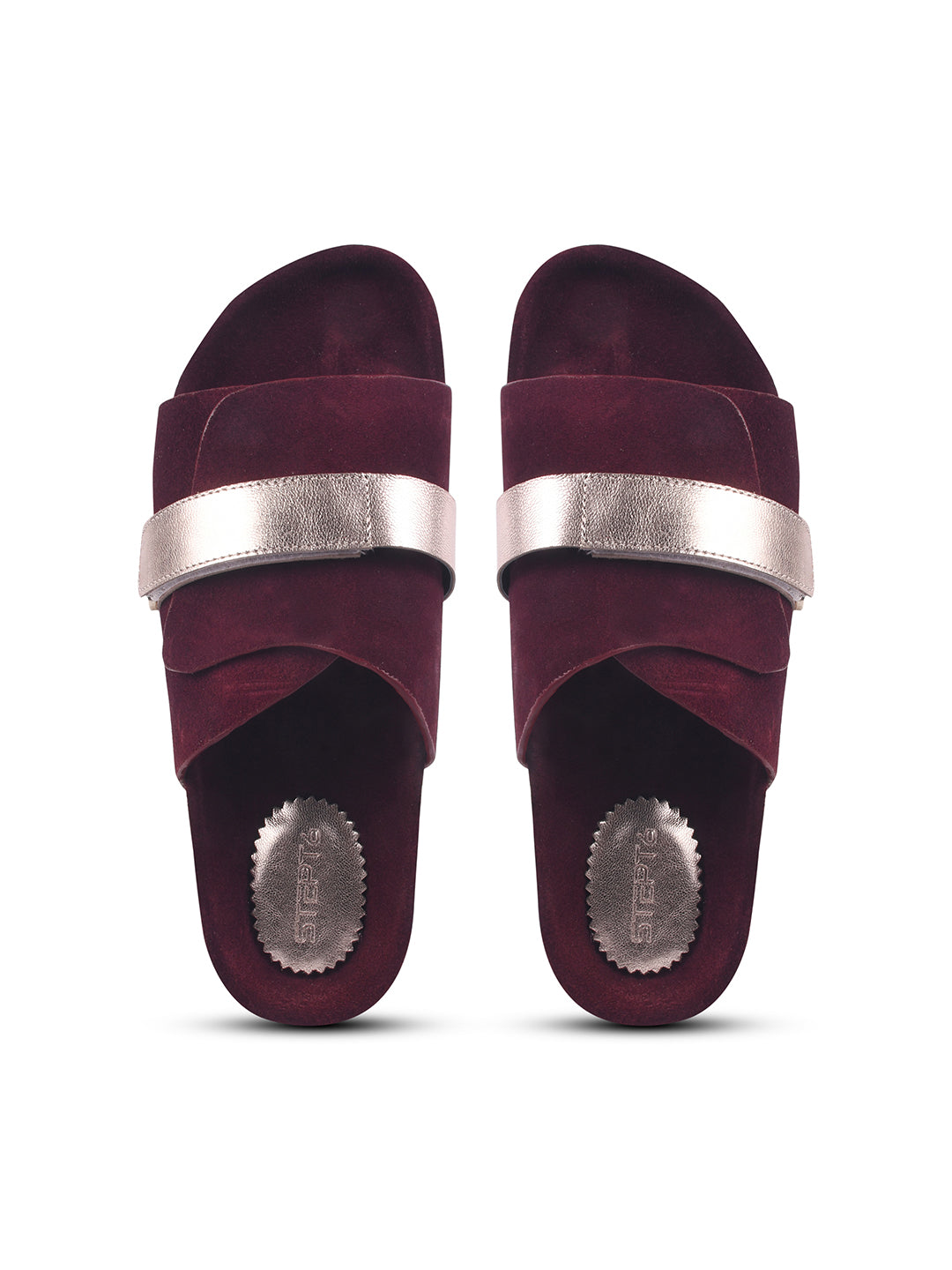 BLACK SUEDE SLIDES WITH FAUX LEATHER STRAP - PINK