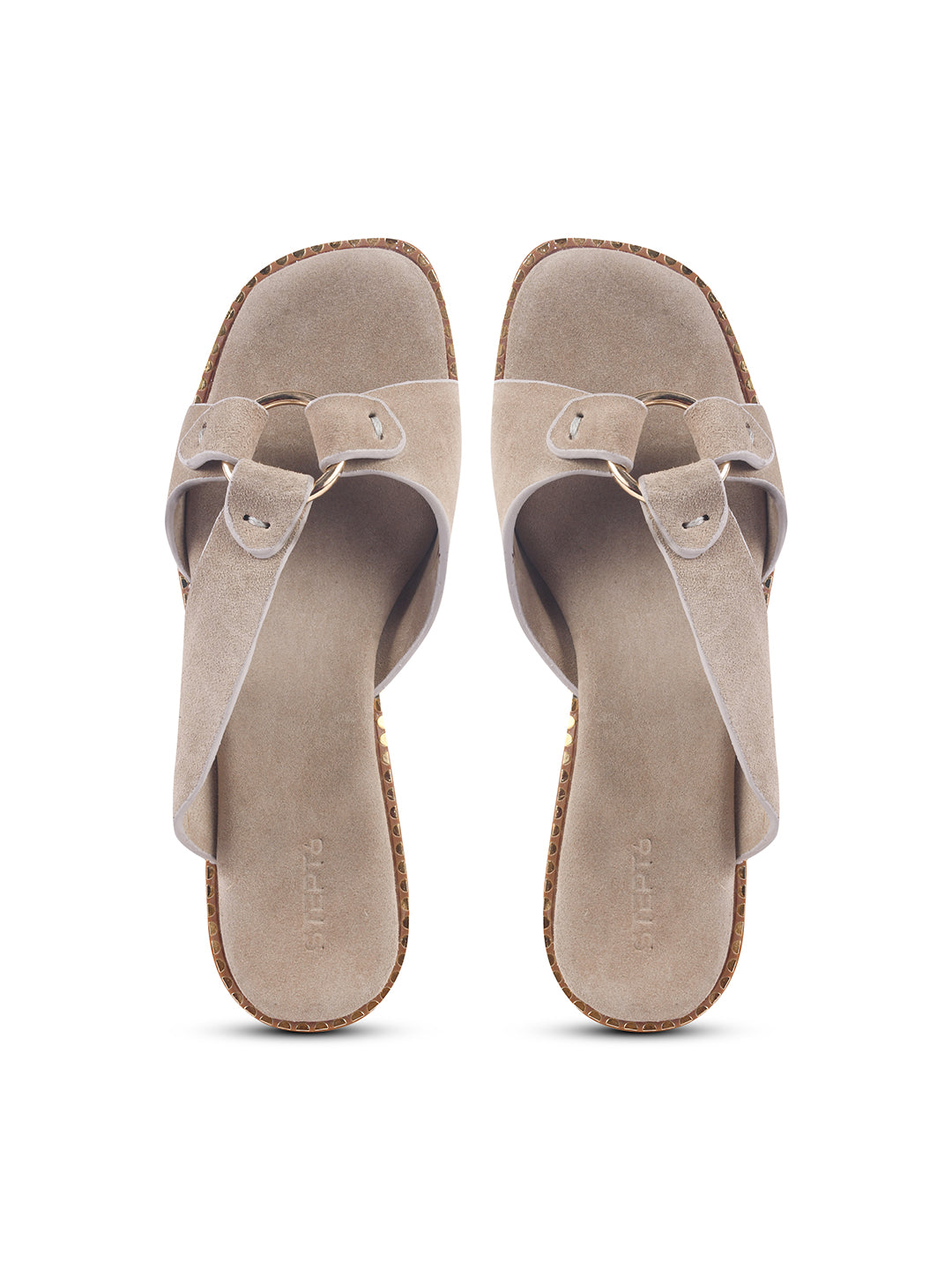 SUEDE SLIP-ON FLATS WITH METAL RING DETAIL - CREAM