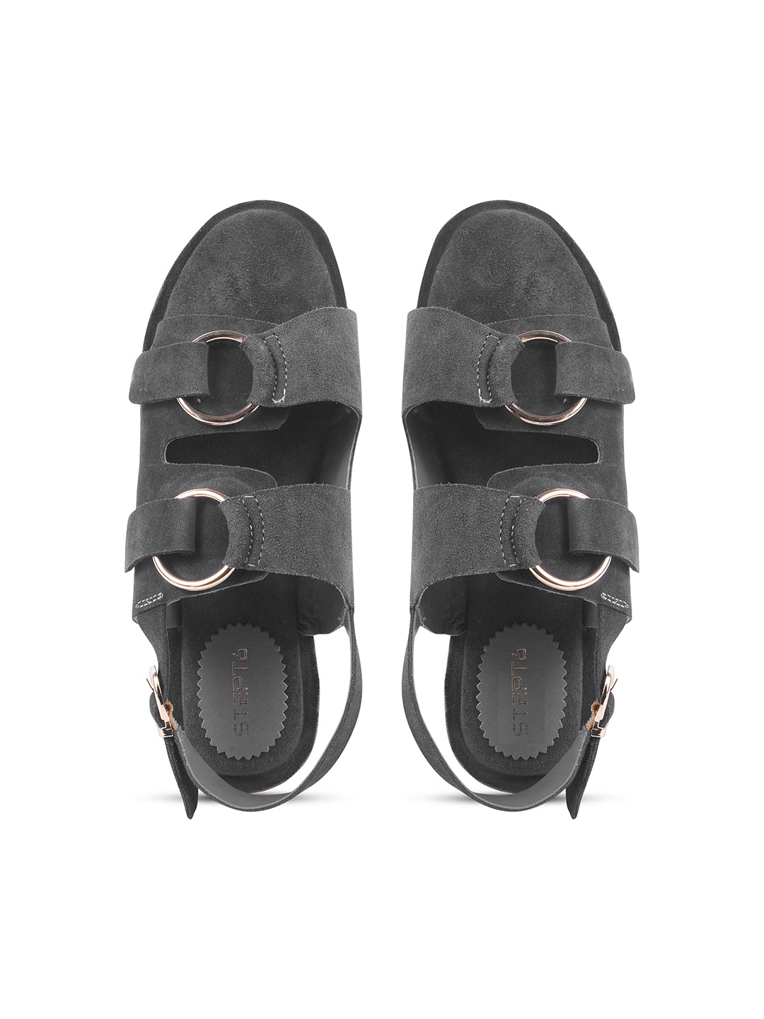 SUEDE DOUBLE BUCKLE SANDALS FOR WOMEN – GREY