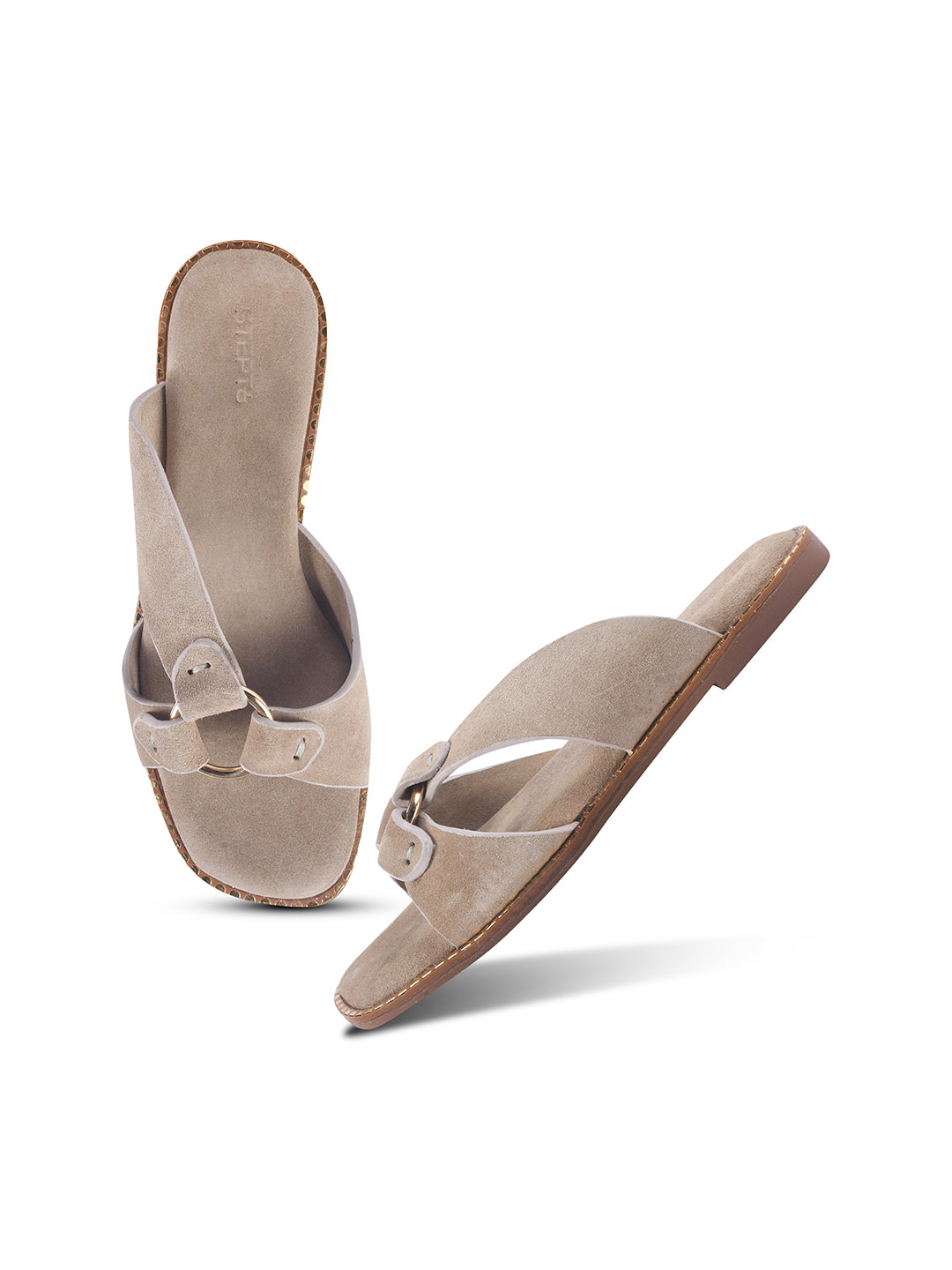 SUEDE SLIP-ON FLATS WITH METAL RING DETAIL - CREAM