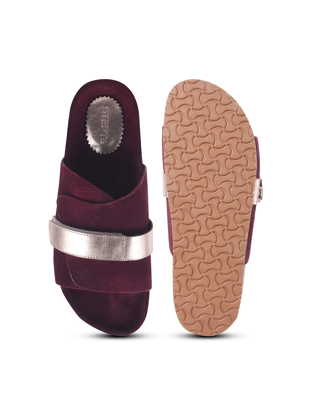 BLACK SUEDE SLIDES WITH FAUX LEATHER STRAP - PINK