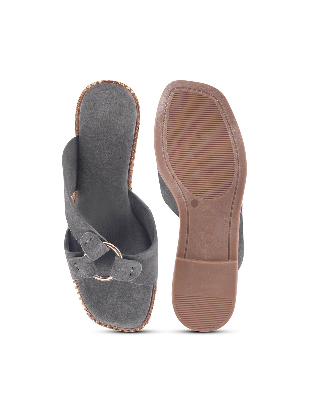 SUEDE SLIP-ON FLATS WITH METAL RING DETAIL - GREY
