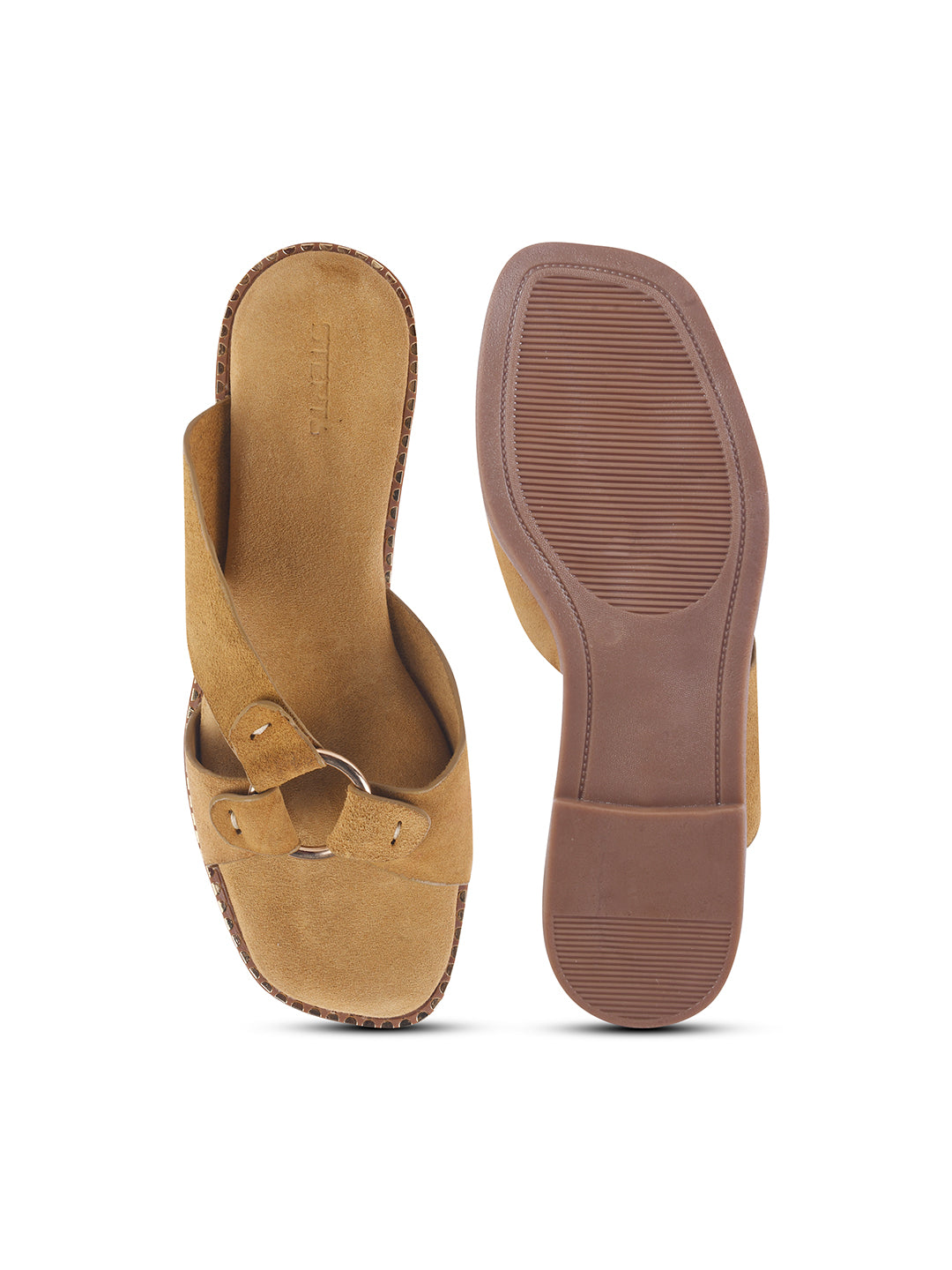 SUEDE SLIP-ON FLATS WITH METAL RING DETAIL - BEIGE