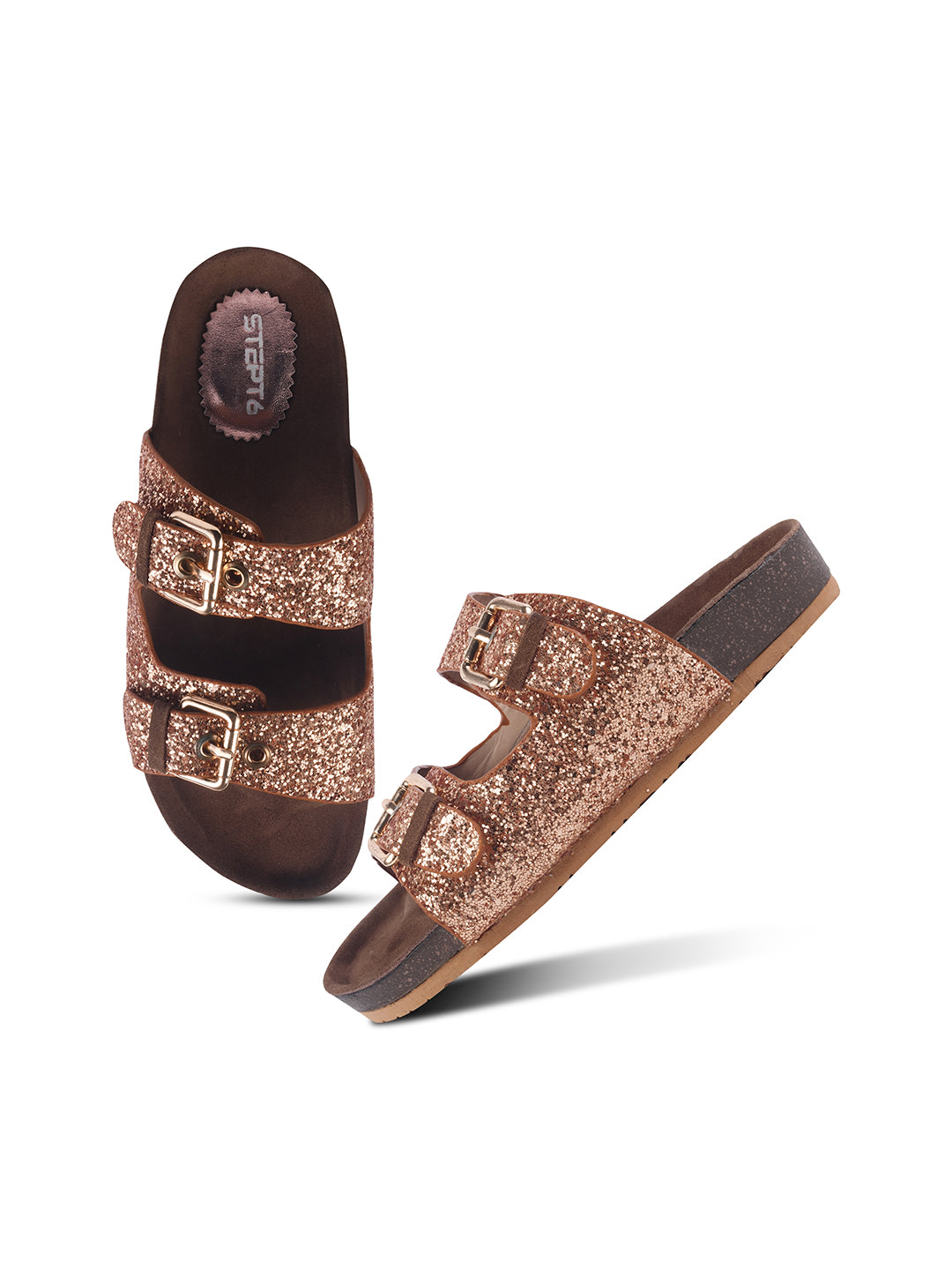 SPARKLE SUEDE COMFORT SLIDES FOR WOMEN - GOLD