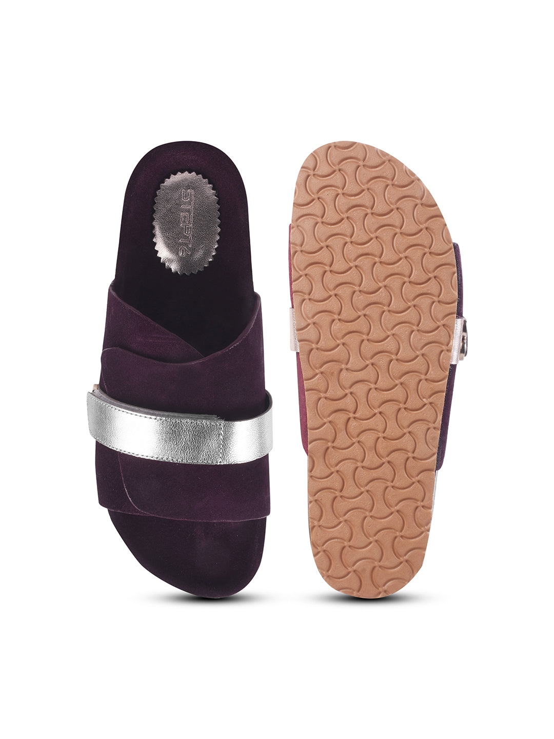 BLACK SUEDE SLIDES WITH FAUX LEATHER STRAP - MAROON