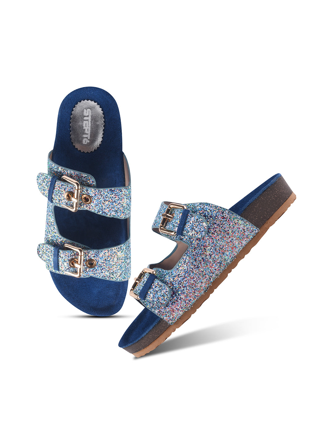 SPARKLE SUEDE COMFORT SLIDES FOR WOMEN - BLUE