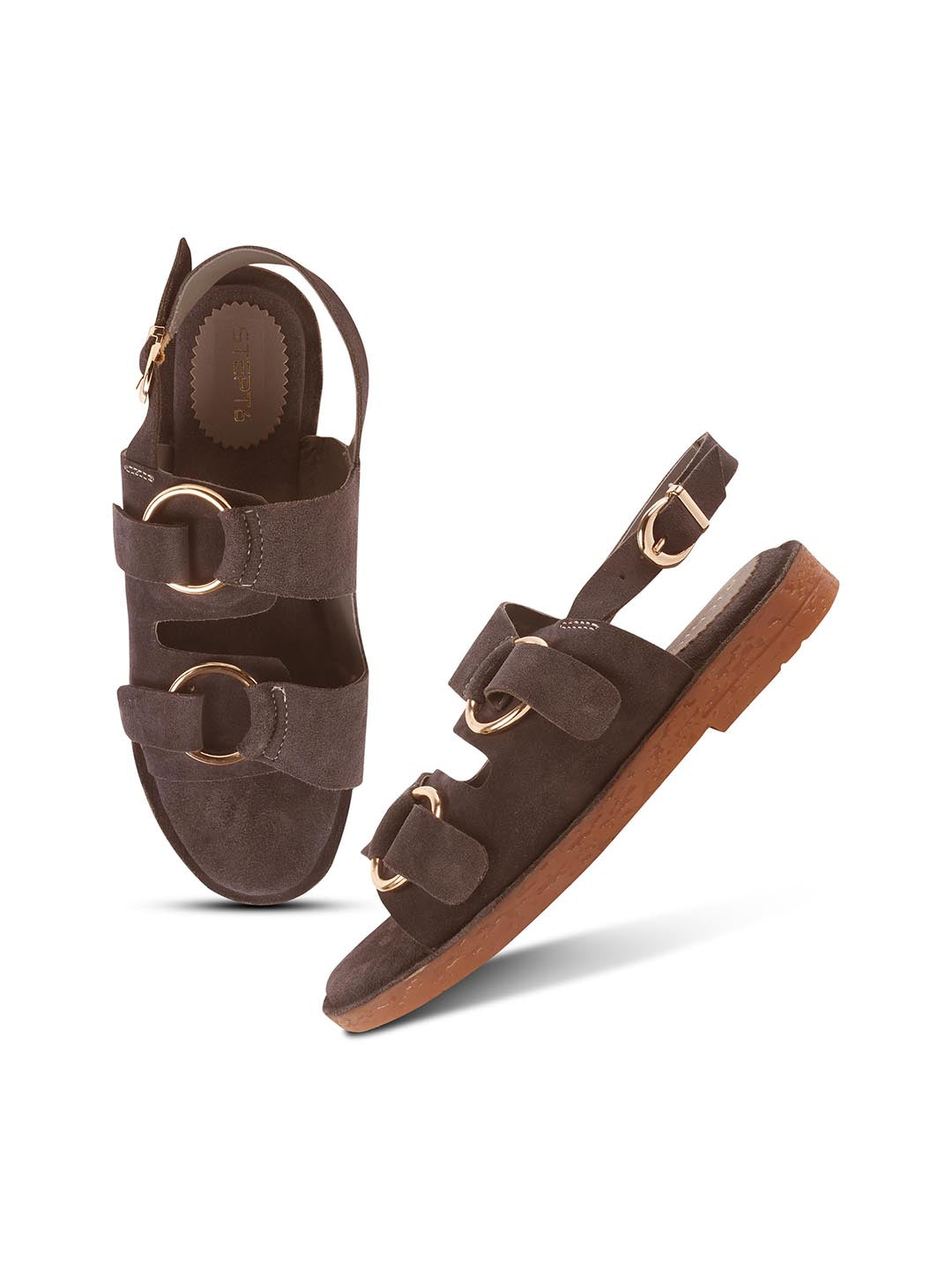 SUEDE DOUBLE BUCKLE SANDALS FOR WOMEN – BROWN