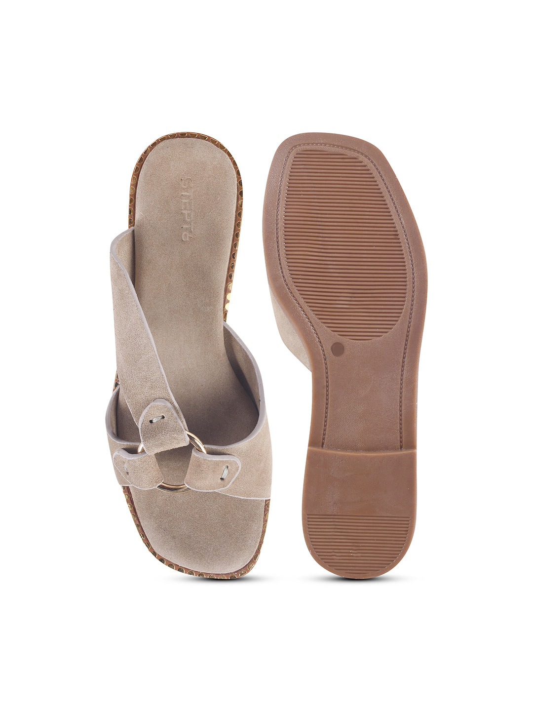 SUEDE SLIP-ON FLATS WITH METAL RING DETAIL - CREAM