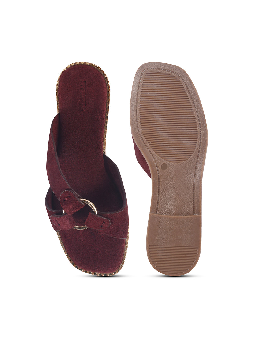 SUEDE SLIP-ON FLATS WITH METAL RING DETAIL - MAROON