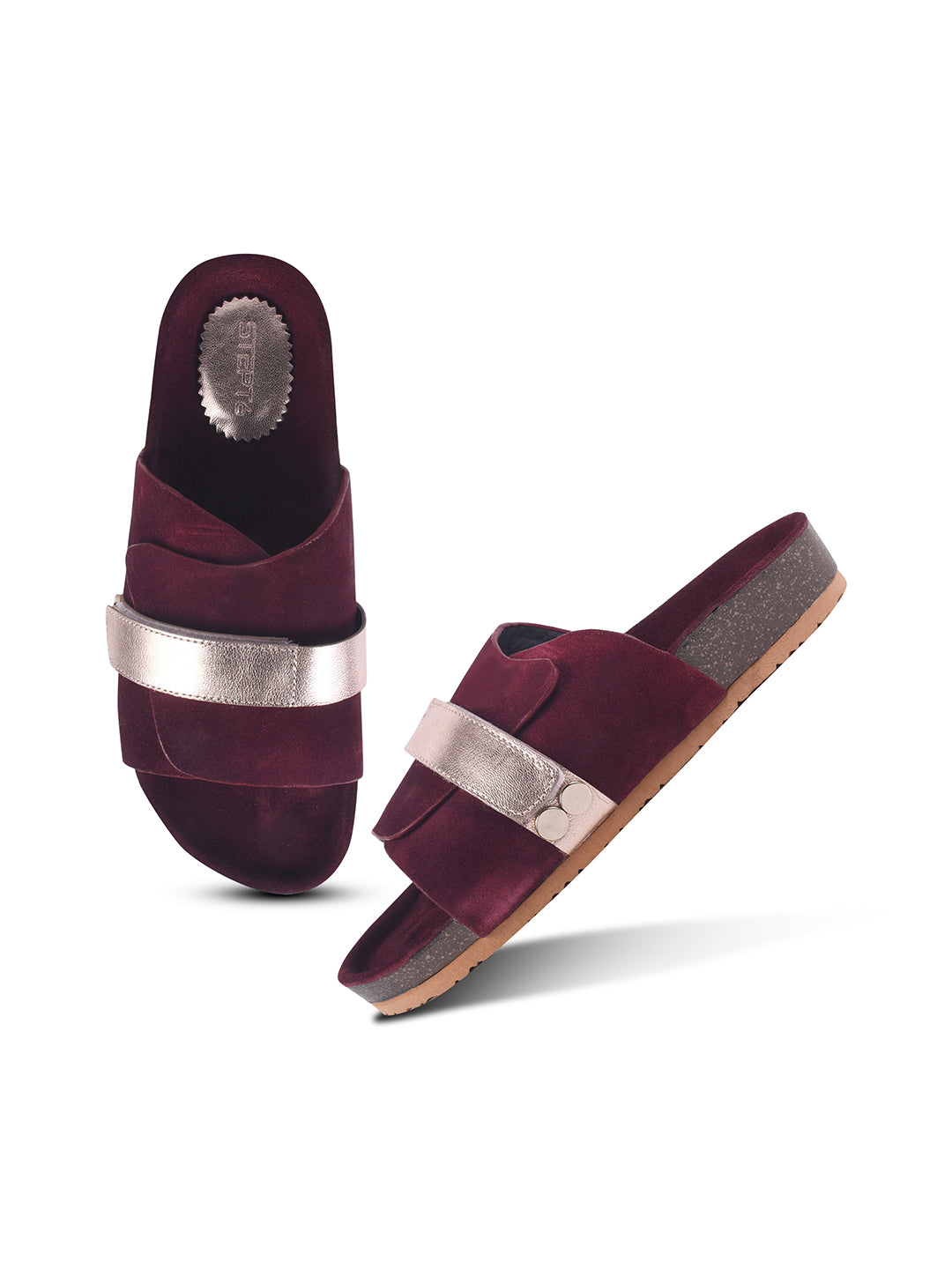 BLACK SUEDE SLIDES WITH FAUX LEATHER STRAP - PINK