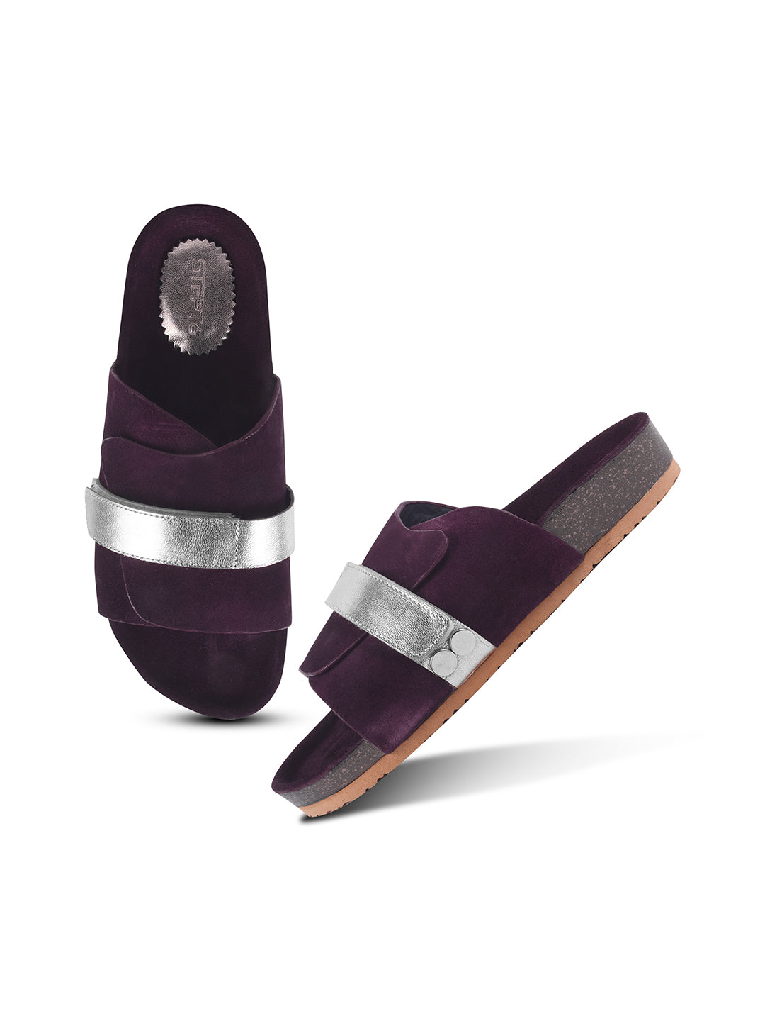BLACK SUEDE SLIDES WITH FAUX LEATHER STRAP - MAROON