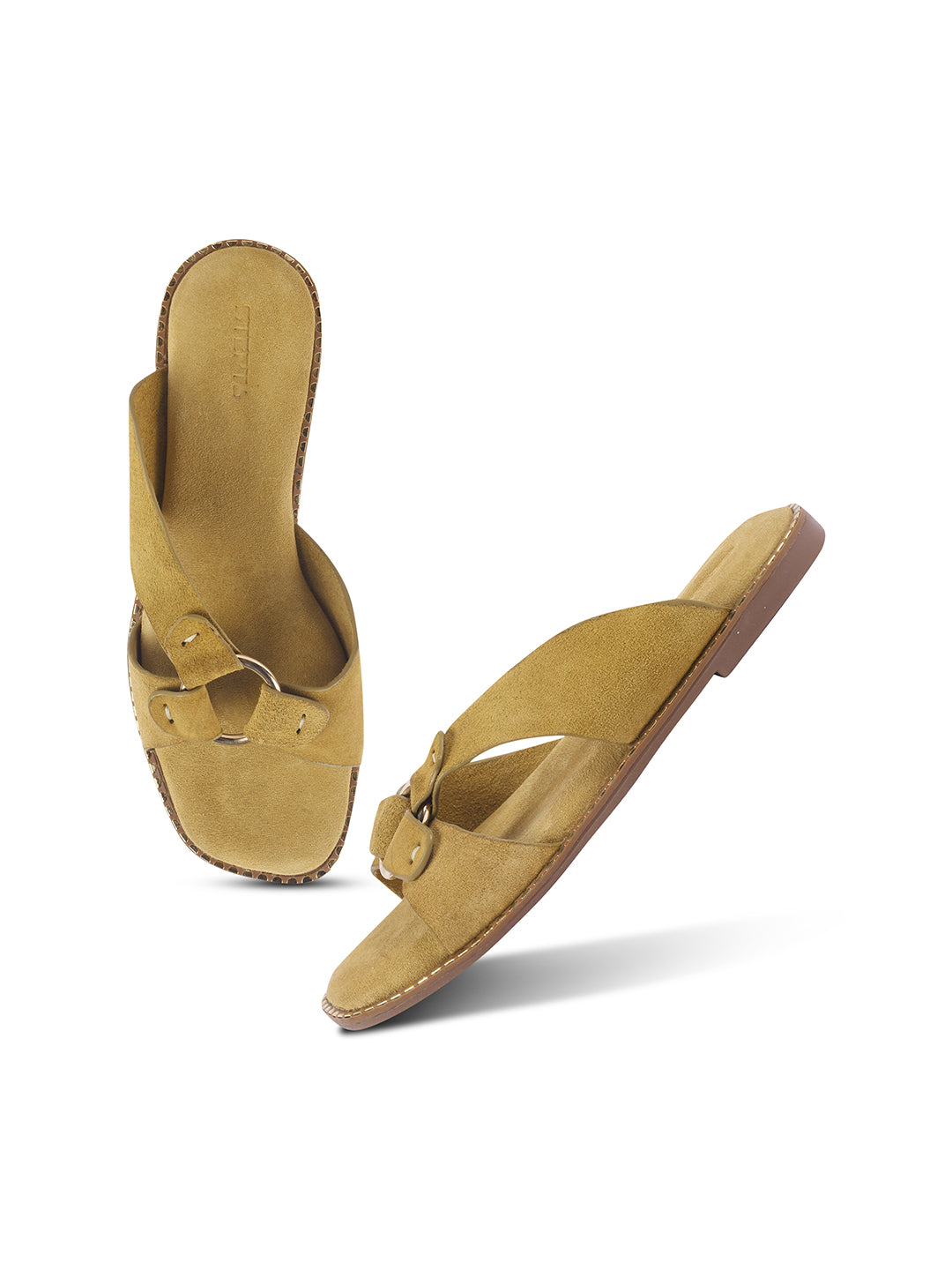 SUEDE SLIP-ON FLATS WITH METAL RING DETAIL - BEIGE