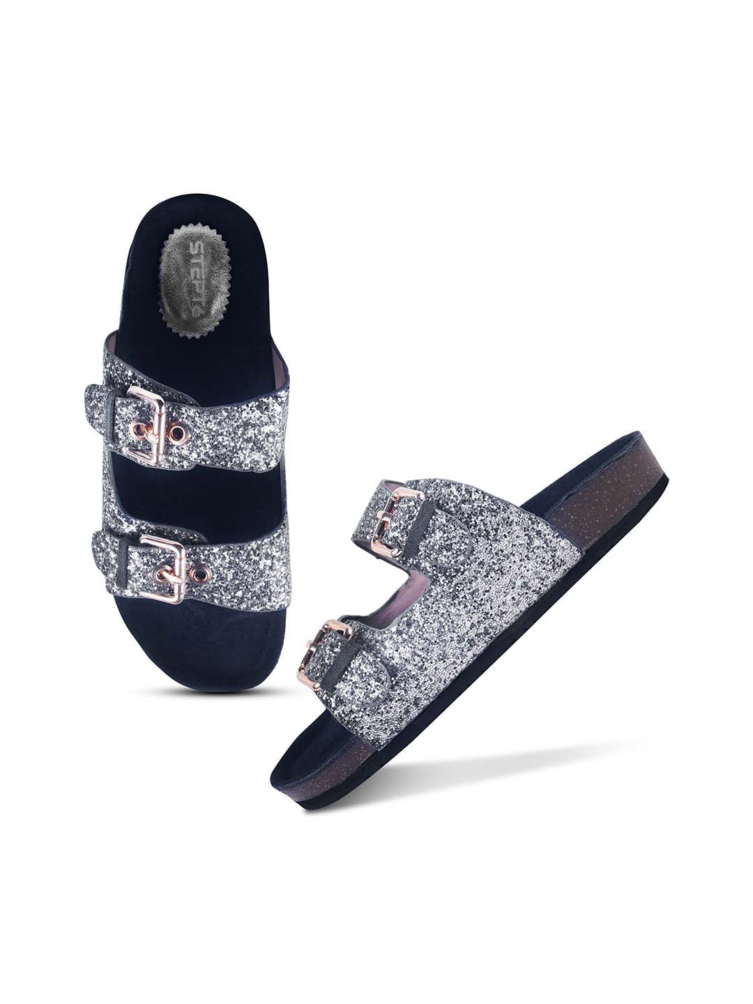 SPARKLE SUEDE COMFORT SLIDES FOR WOMEN - DARK GREY