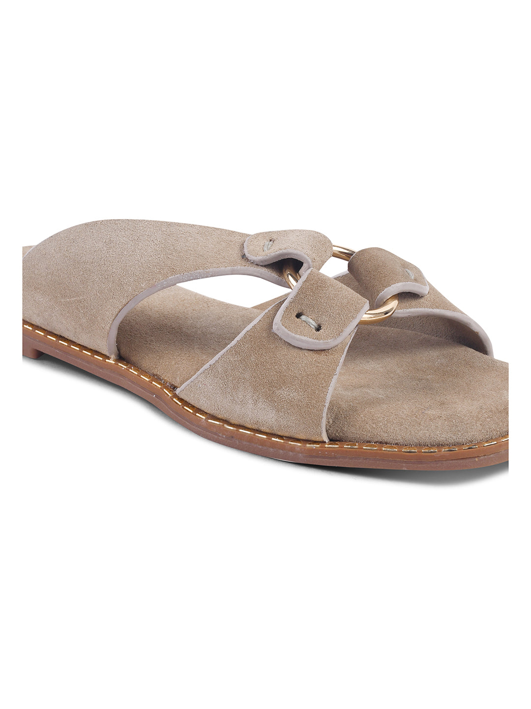 SUEDE SLIP-ON FLATS WITH METAL RING DETAIL - CREAM