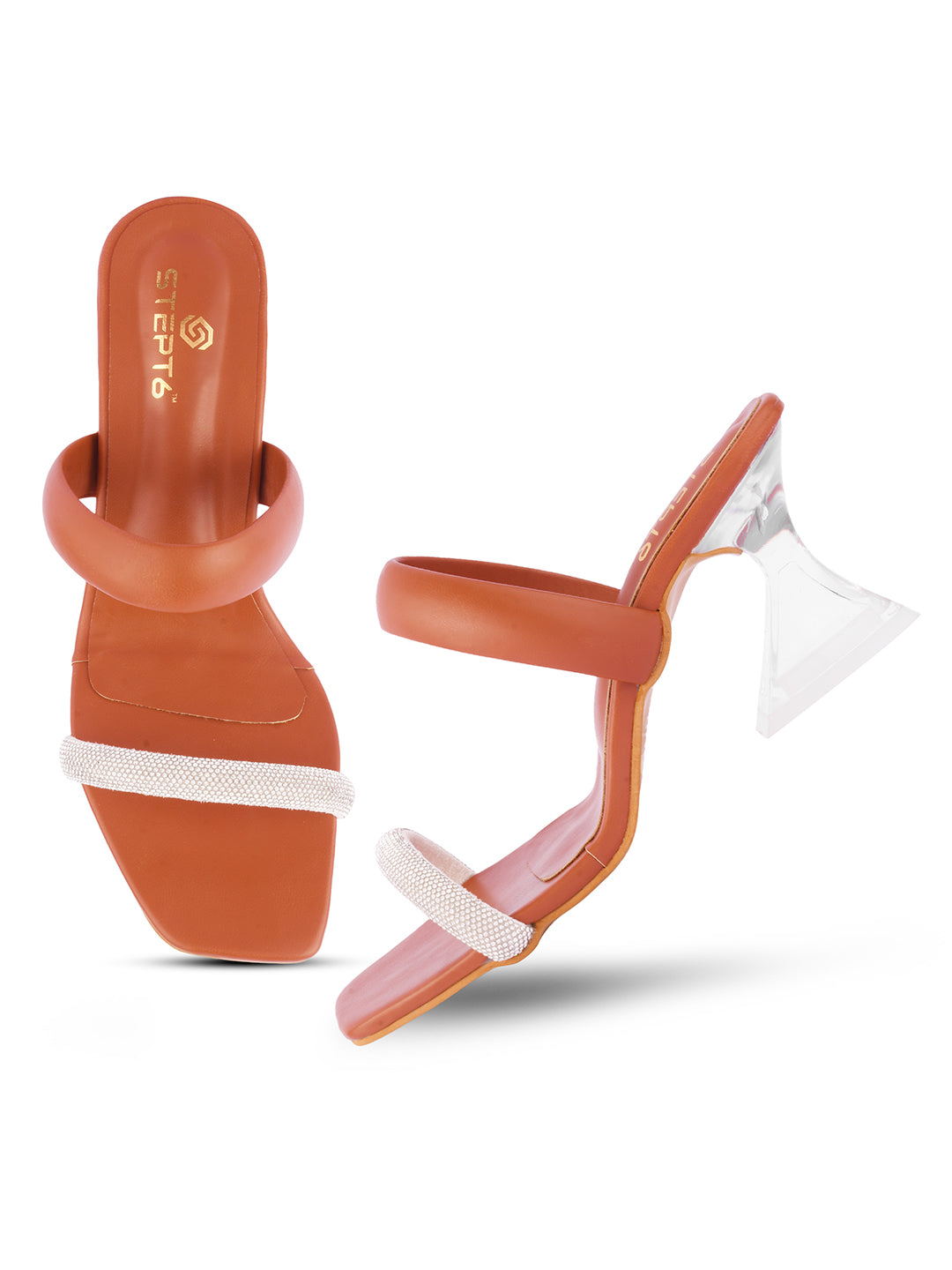 Diamond Chain Transparent Stilettoes - Tan