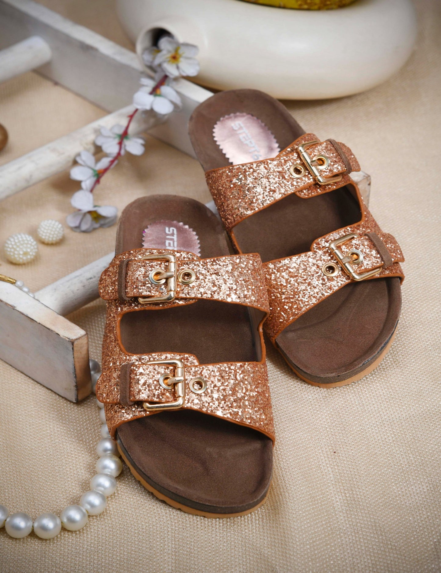 SPARKLE SUEDE COMFORT SLIDES FOR WOMEN - GOLD