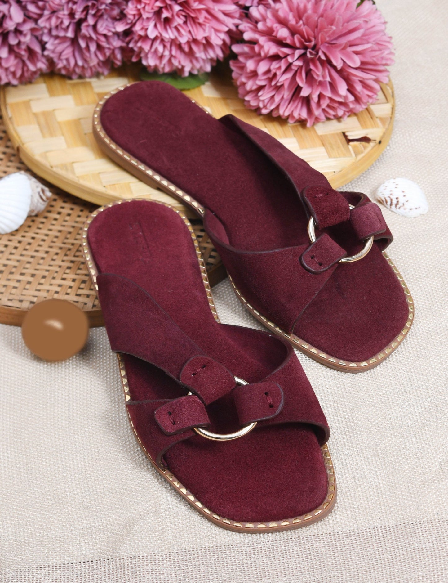 SUEDE SLIP-ON FLATS WITH METAL RING DETAIL - MAROON