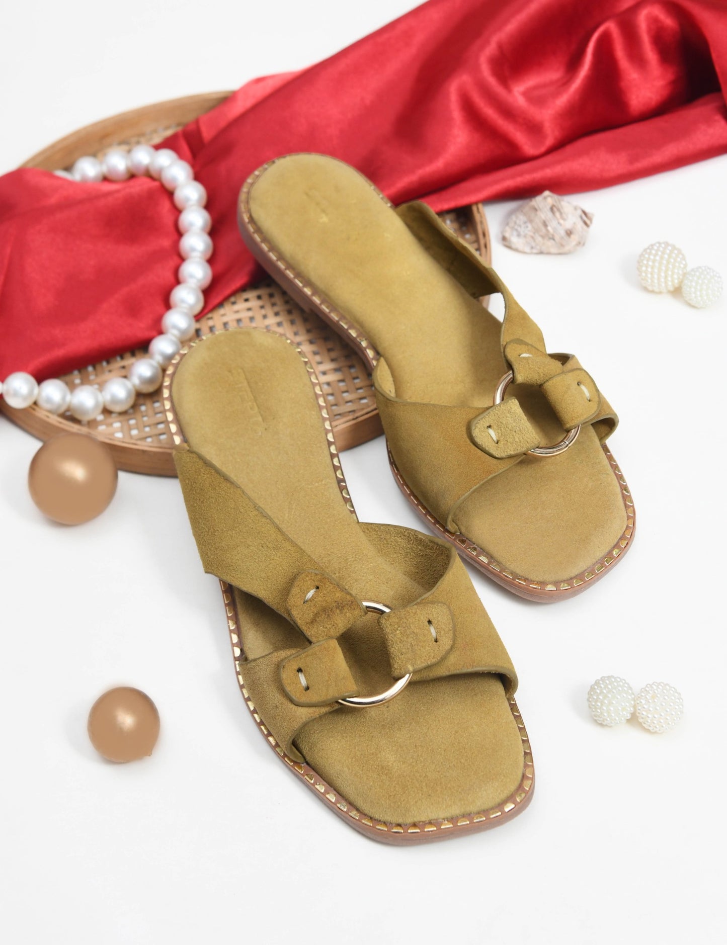 SUEDE SLIP-ON FLATS WITH METAL RING DETAIL - BEIGE