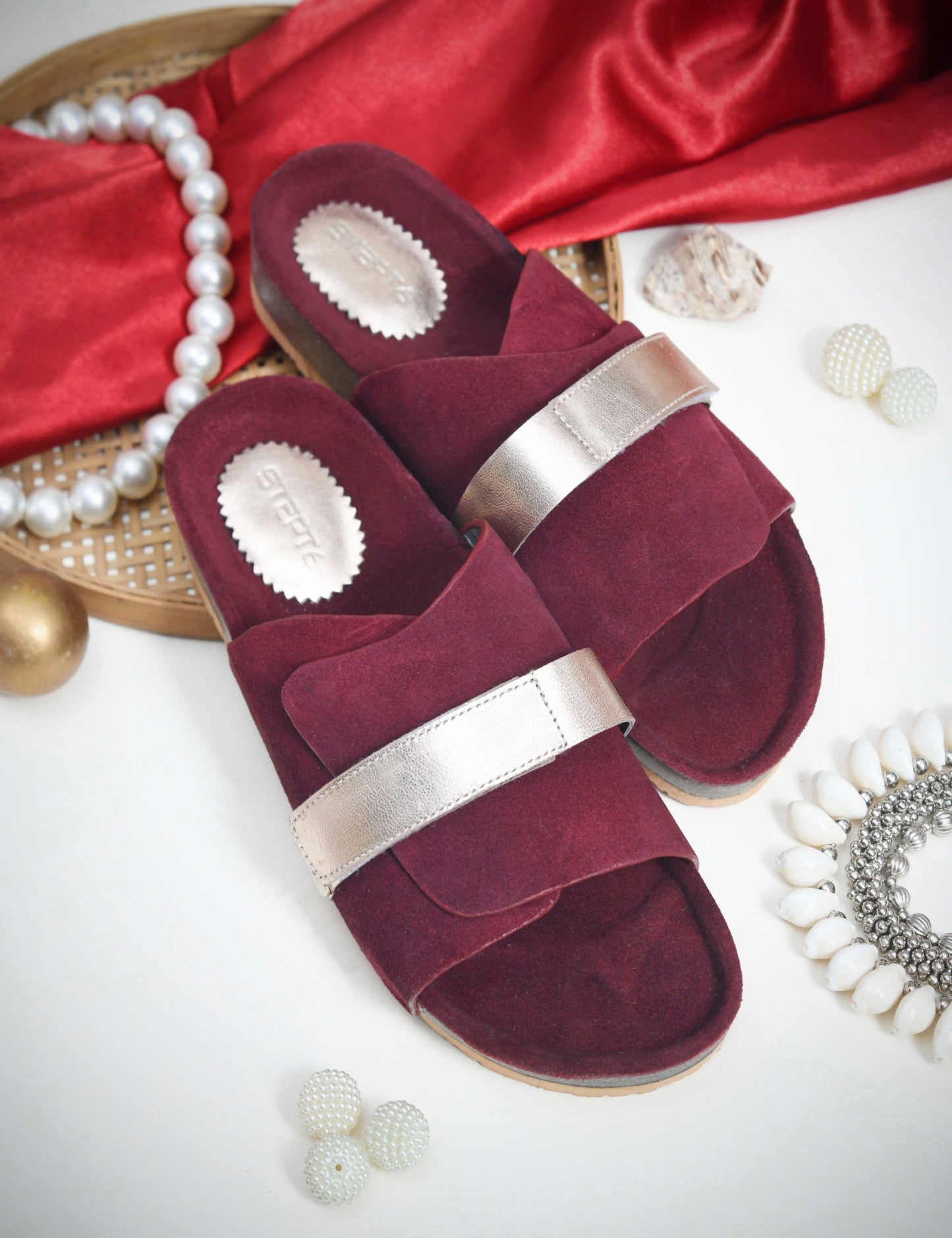 BLACK SUEDE SLIDES WITH FAUX LEATHER STRAP - PINK