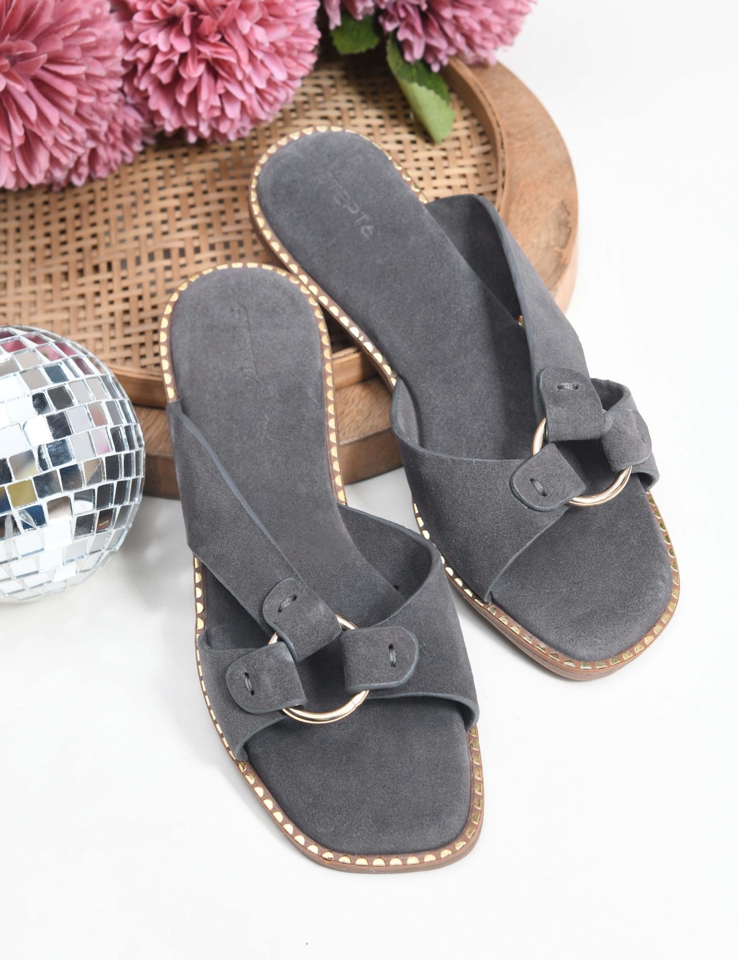 SUEDE SLIP-ON FLATS WITH METAL RING DETAIL - GREY