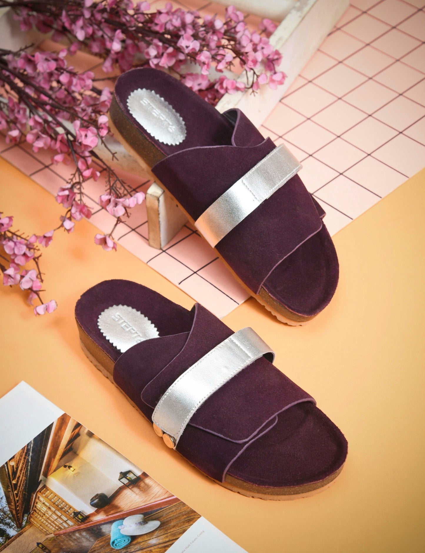 BLACK SUEDE SLIDES WITH FAUX LEATHER STRAP - MAROON