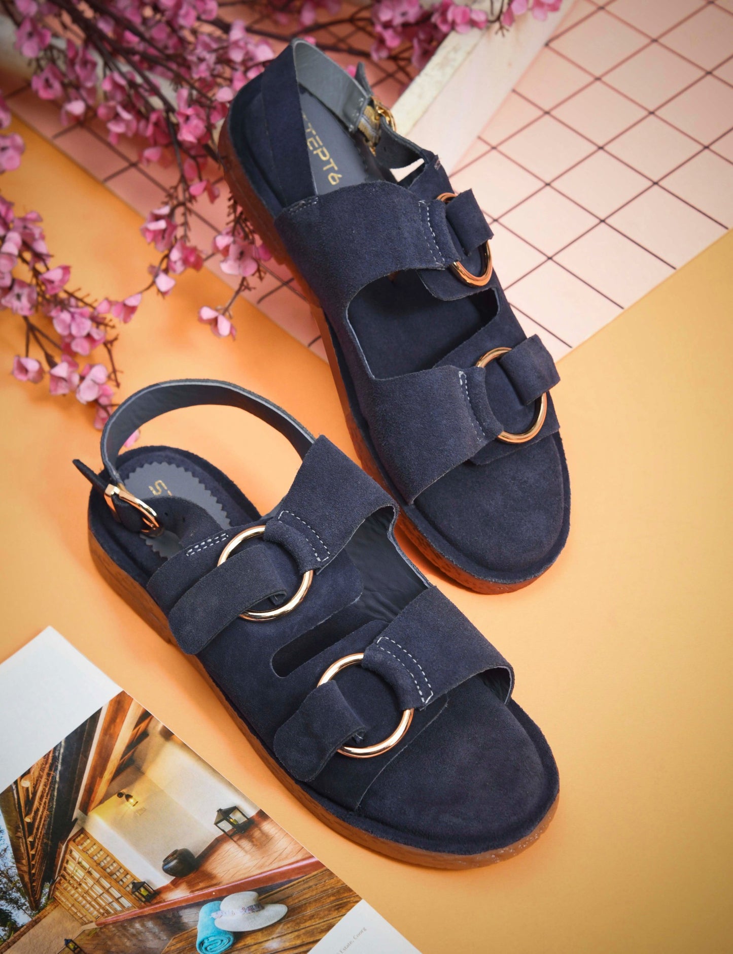 SUEDE DOUBLE BUCKLE SANDALS FOR WOMEN – BLUE