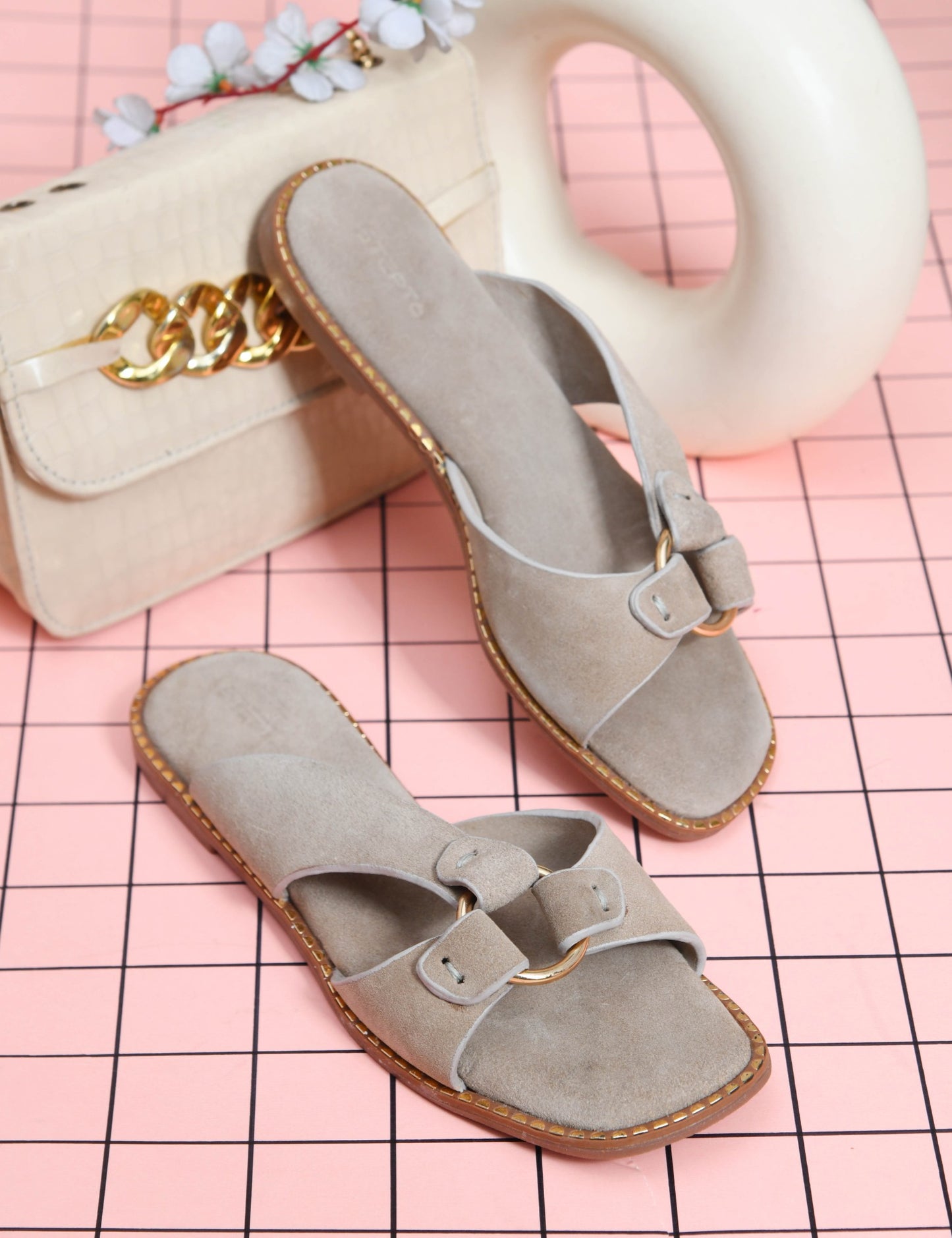 SUEDE SLIP-ON FLATS WITH METAL RING DETAIL - CREAM