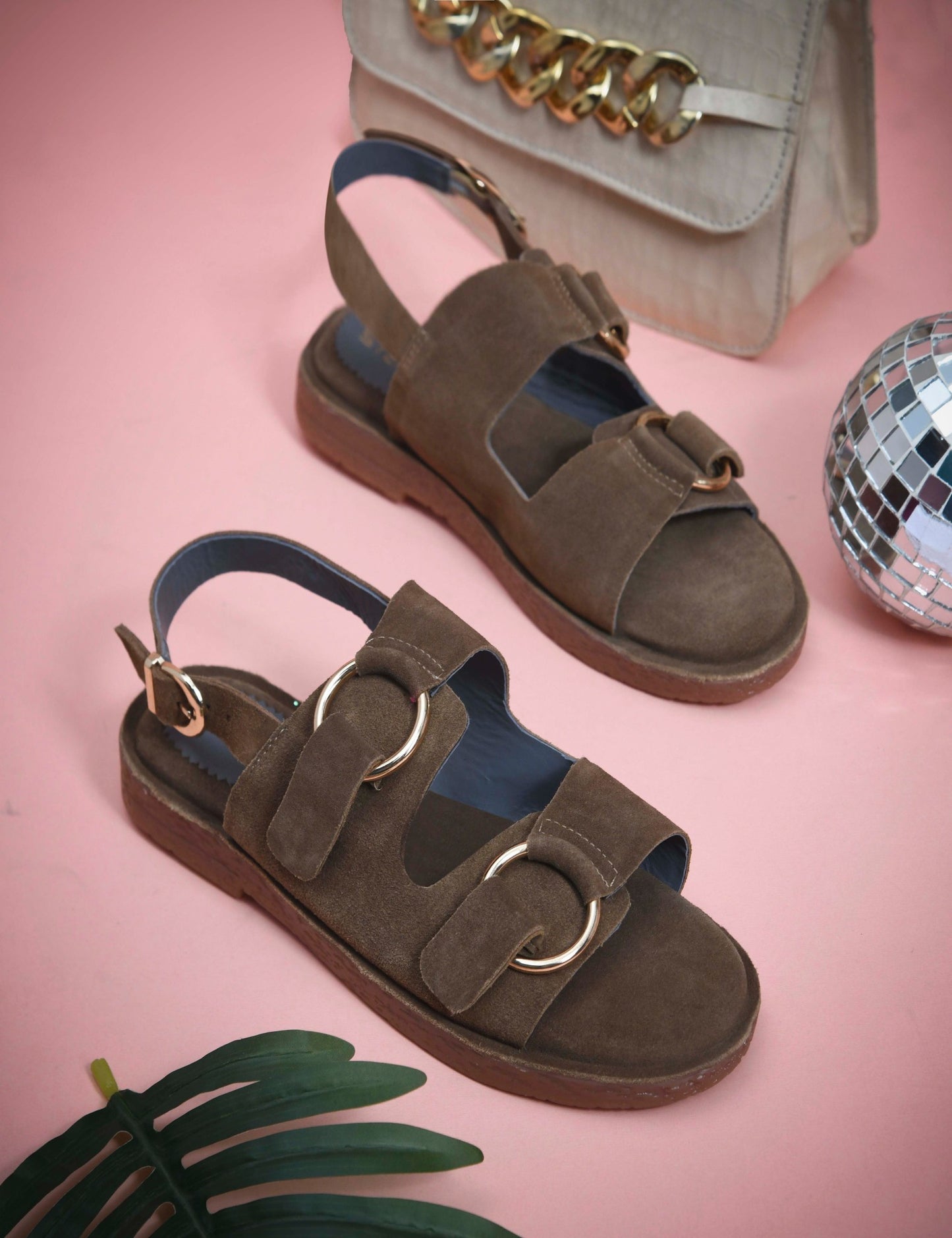 SUEDE DOUBLE BUCKLE SANDALS FOR WOMEN – BROWN