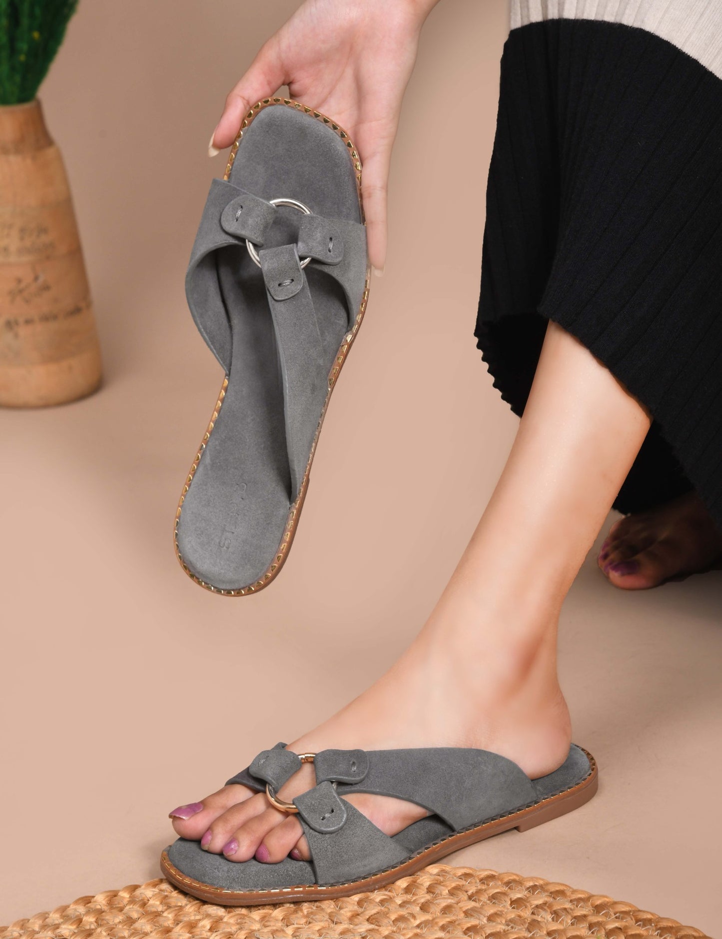 SUEDE SLIP-ON FLATS WITH METAL RING DETAIL - GREY