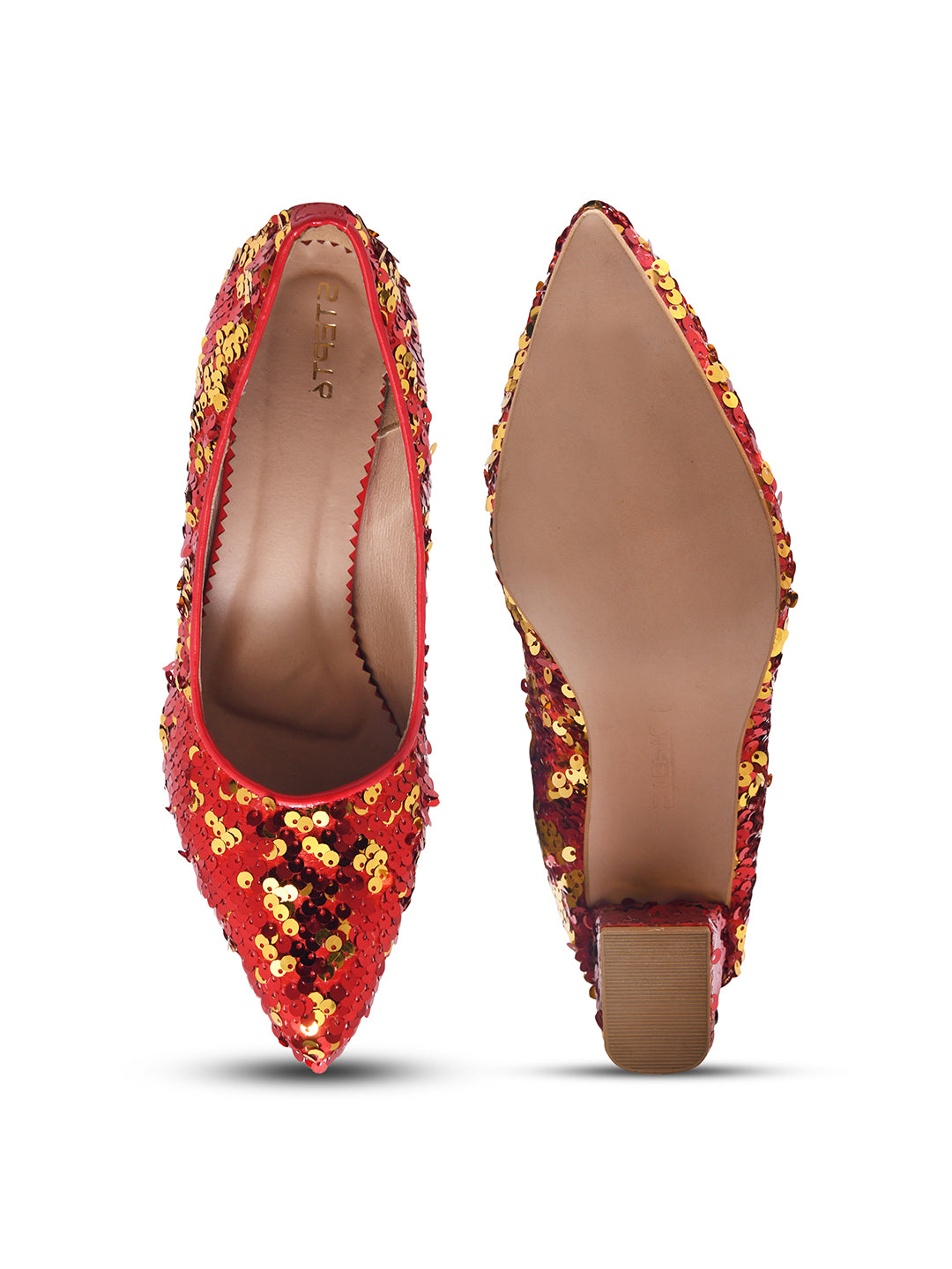 Red & Gold Sequin Block Heel Pumps