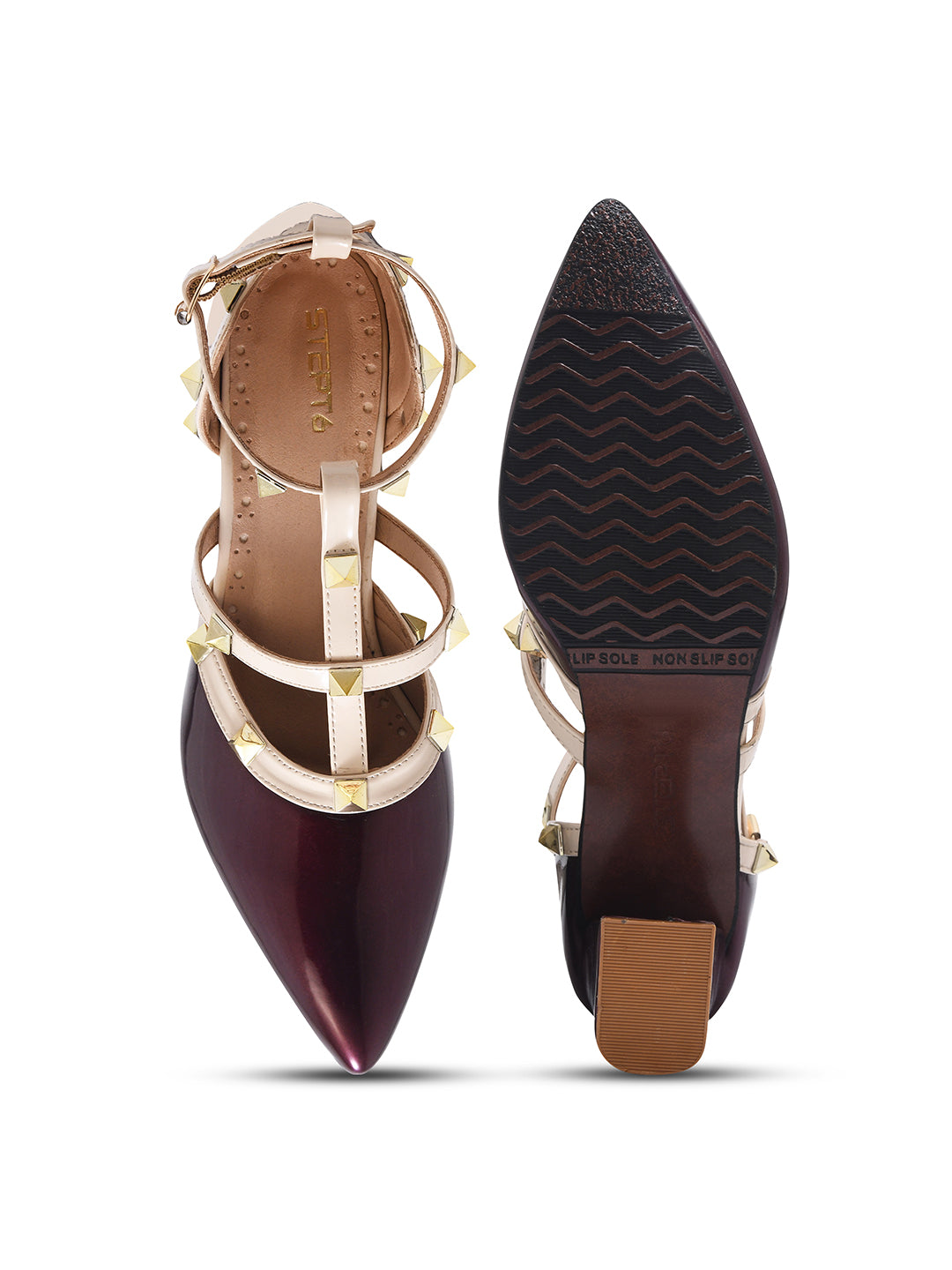 Wine Studded Strap Block Heel Pumps for Women
