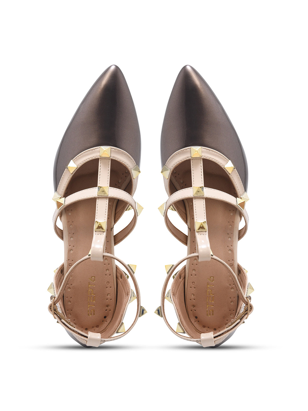 Metallic Grey Studded Strap Block Heel Pumps for Women
