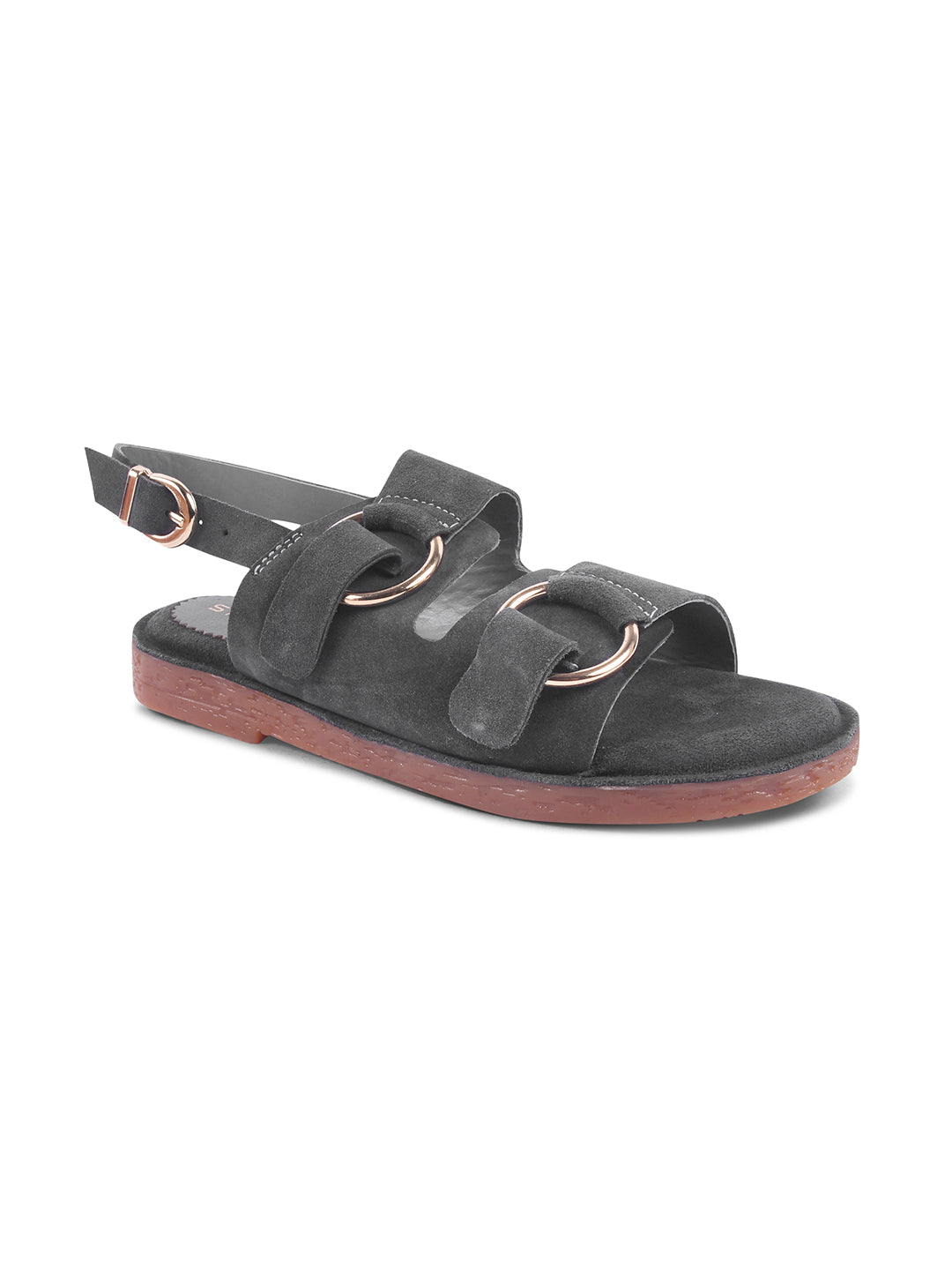 SUEDE DOUBLE BUCKLE SANDALS FOR WOMEN – GREY