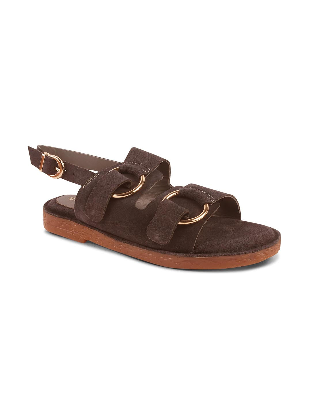 SUEDE DOUBLE BUCKLE SANDALS FOR WOMEN – BROWN