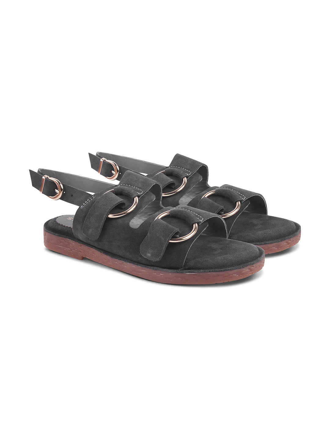 SUEDE DOUBLE BUCKLE SANDALS FOR WOMEN – GREY