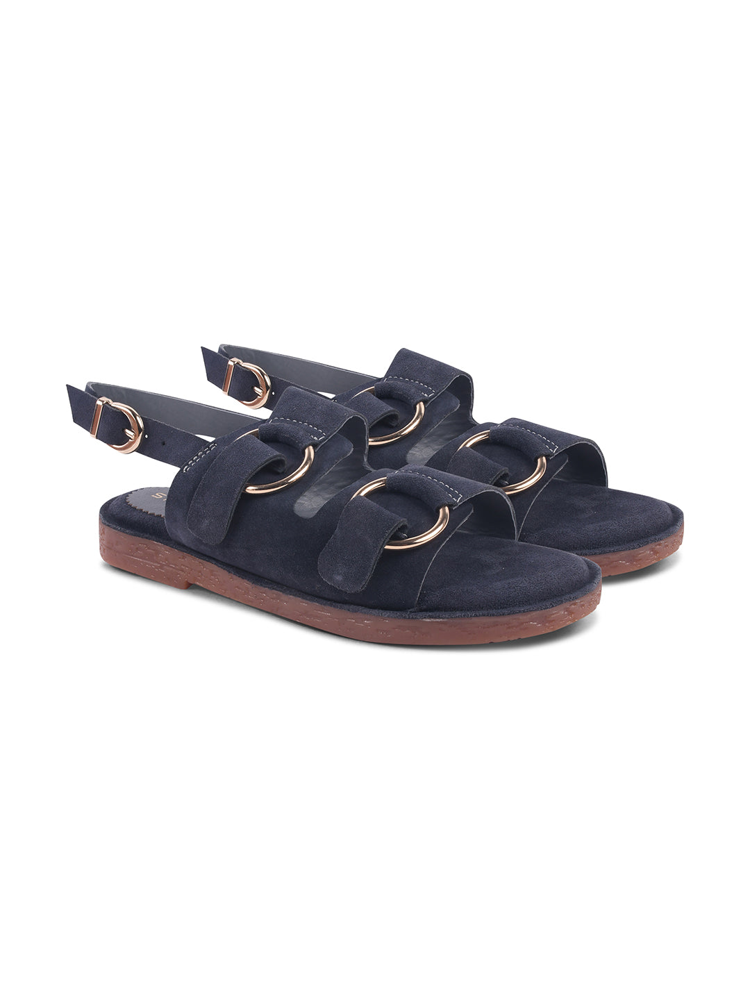 SUEDE DOUBLE BUCKLE SANDALS FOR WOMEN – BLUE