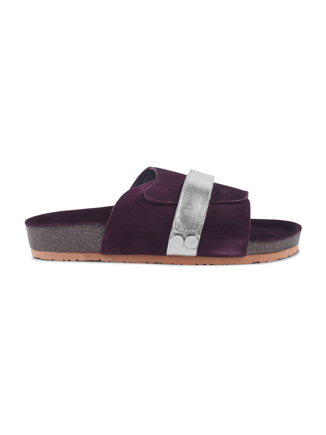 BLACK SUEDE SLIDES WITH FAUX LEATHER STRAP - MAROON