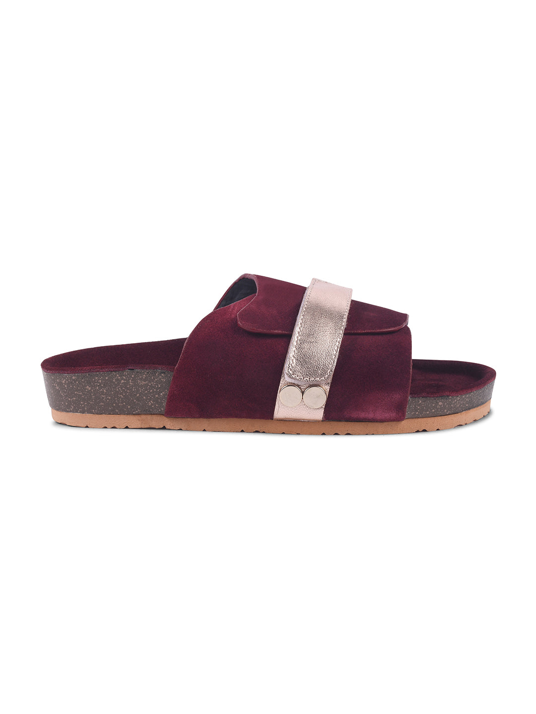 BLACK SUEDE SLIDES WITH FAUX LEATHER STRAP - PINK