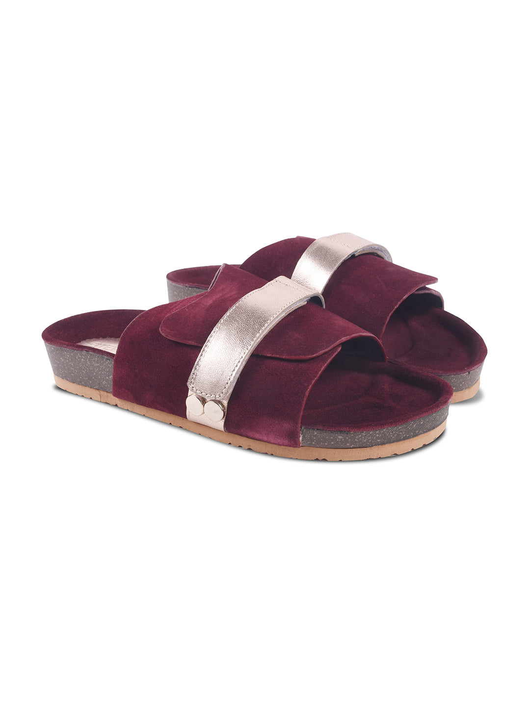 BLACK SUEDE SLIDES WITH FAUX LEATHER STRAP - PINK