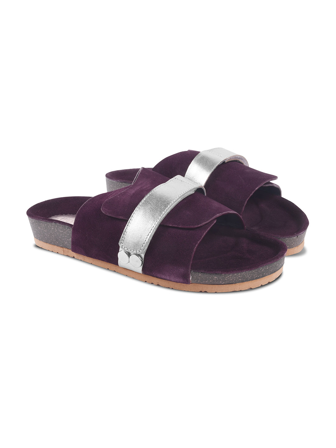 BLACK SUEDE SLIDES WITH FAUX LEATHER STRAP - MAROON