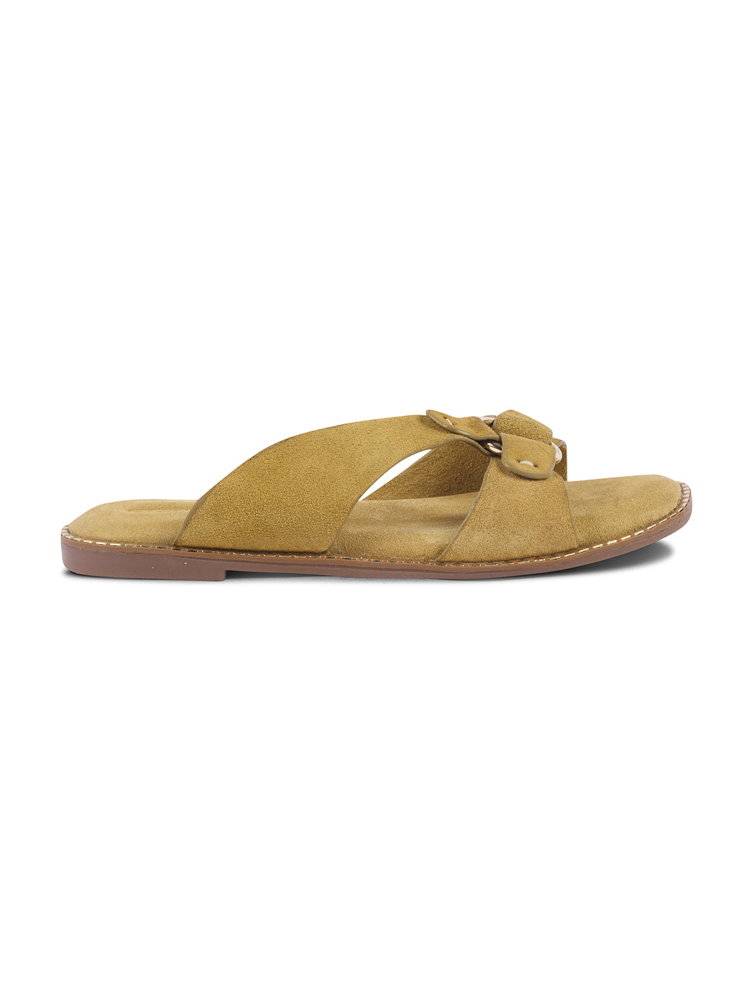 SUEDE SLIP-ON FLATS WITH METAL RING DETAIL - BEIGE