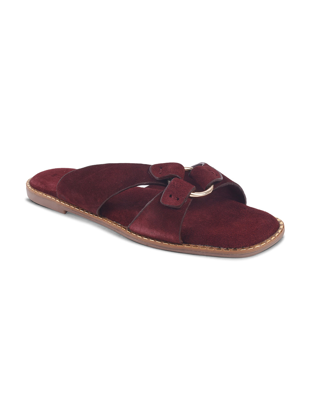SUEDE SLIP-ON FLATS WITH METAL RING DETAIL - MAROON