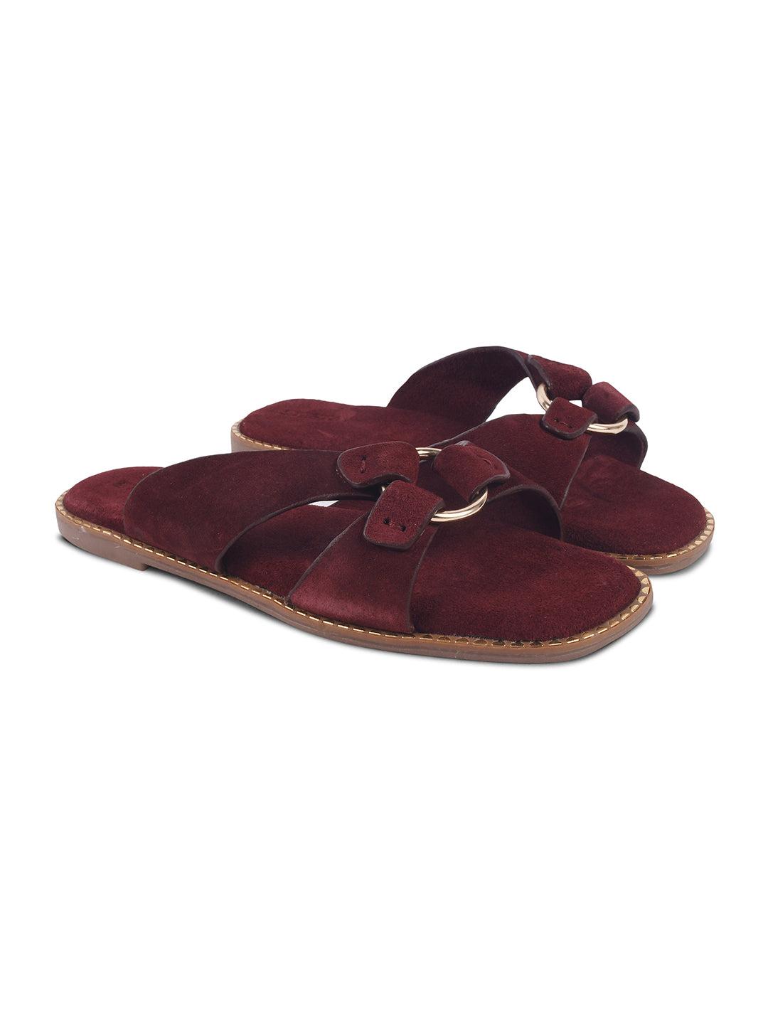 SUEDE SLIP-ON FLATS WITH METAL RING DETAIL - MAROON