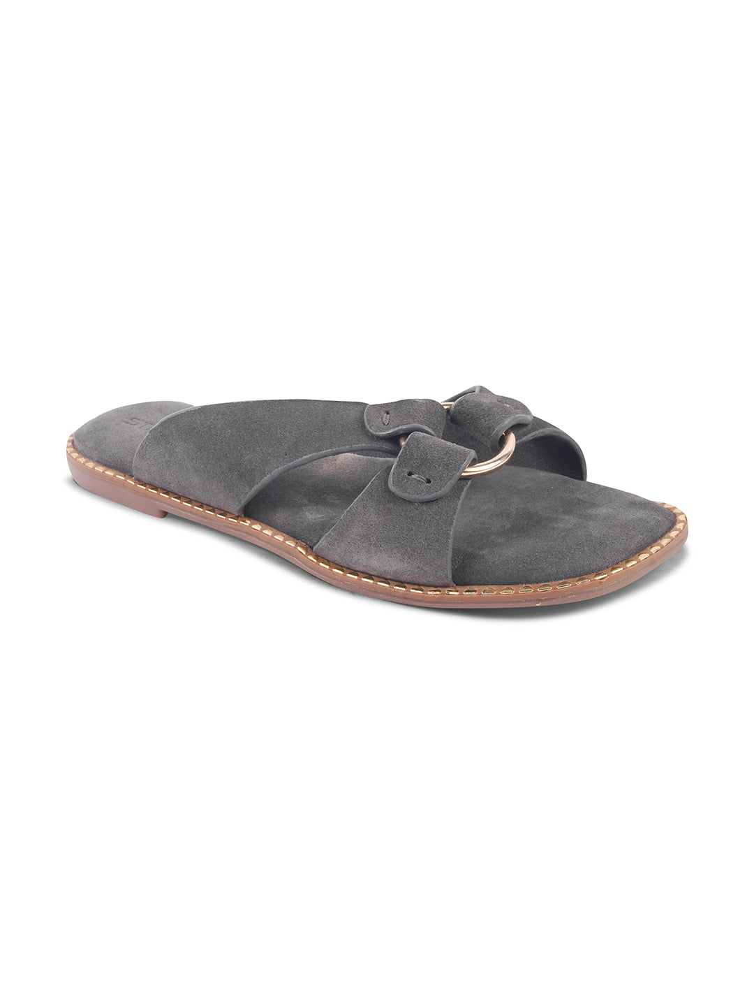 SUEDE SLIP-ON FLATS WITH METAL RING DETAIL - GREY