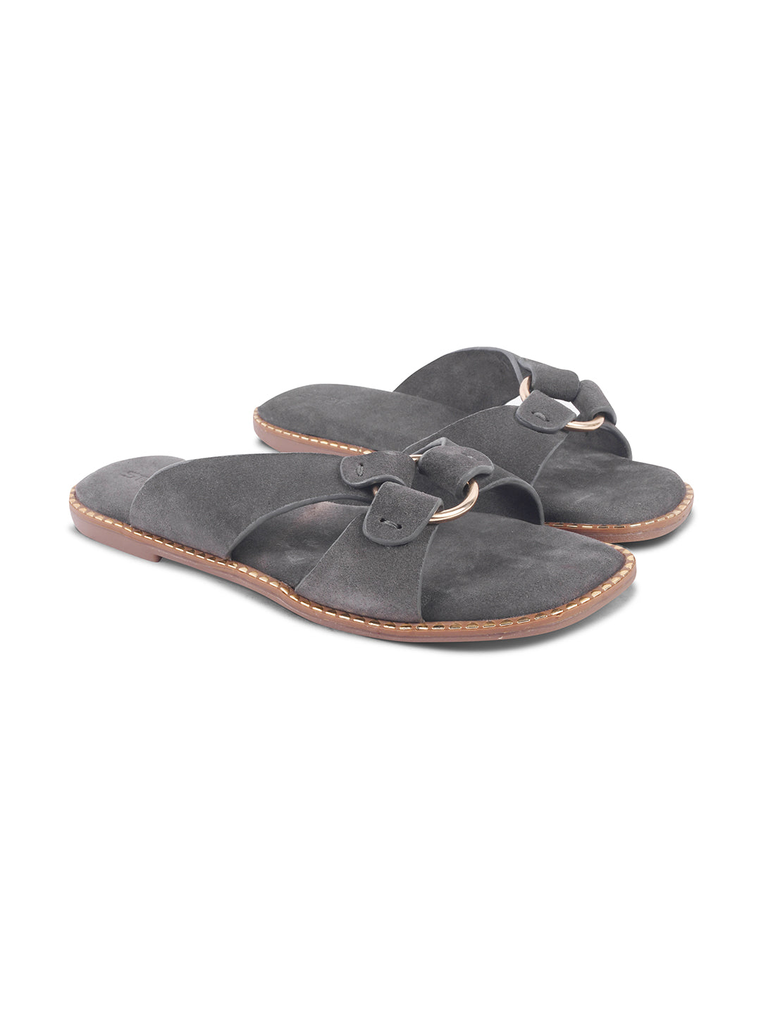 SUEDE SLIP-ON FLATS WITH METAL RING DETAIL - GREY